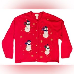 Crystal-Kobe Red Christmas Sweater Snowman‎ Skiing Button Cardigan Holiday XL